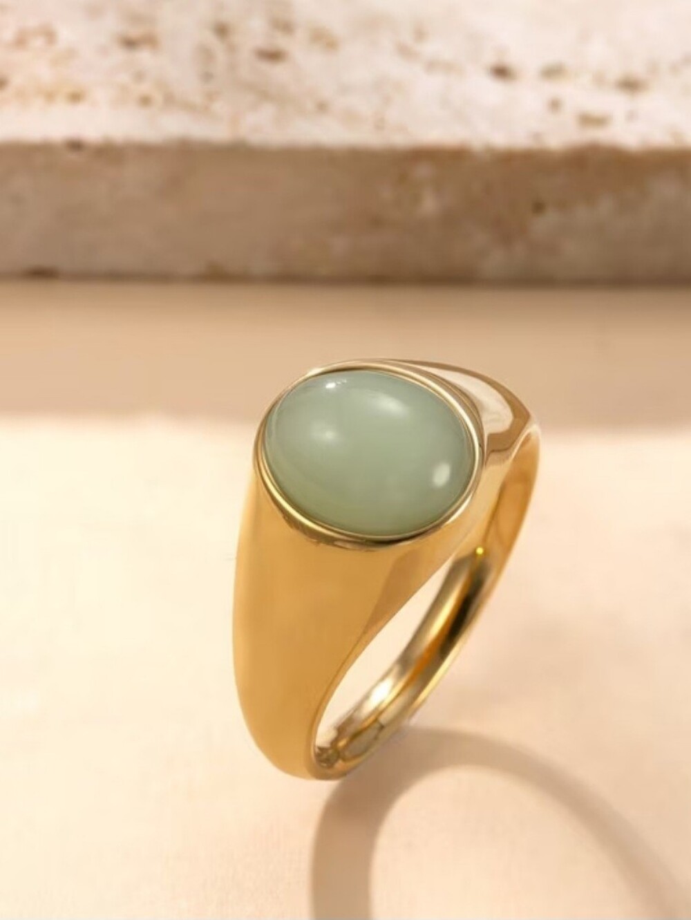 Gold-Tone Signet Ring with Green Natural Stone Cabochon